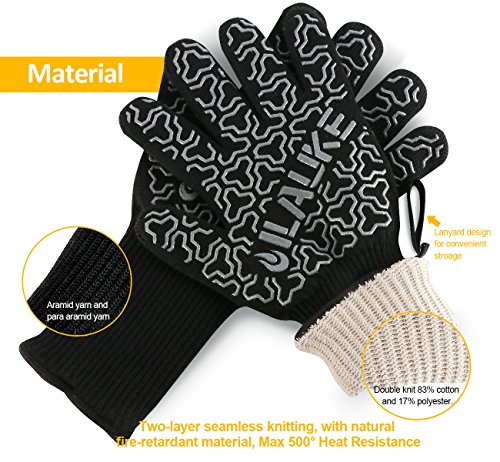 Grillhandschuhe Premium bis 500 °C Grill Ofenhansschuhe ilauke Kamin Backen Hitzebeständige Handschuhe aus Kevlar-Nomex Gewebe EN407 2er extra lang für extreme Sicherheit gratis 100 Einweg Handschuhe - 2