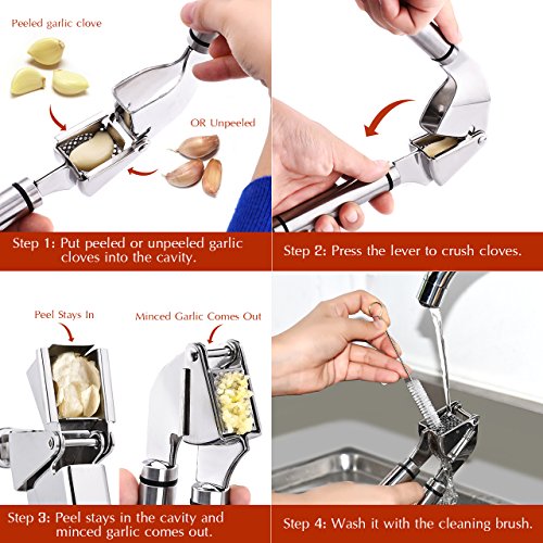 Topop Professionelle Knoblauchpresse und Schäler Set, Edelstahl Knoblauchschneider Garlic press , Mince & Crush Knoblauchzehen leicht zu zerdrücken, Food-grade Edelstahl Hohlraum Spülmaschinenfest - 3