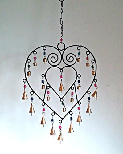 Metal Wall Hanging / Windchime Heart Design with Brass Style Bells & Beads - Wrought Iron Style