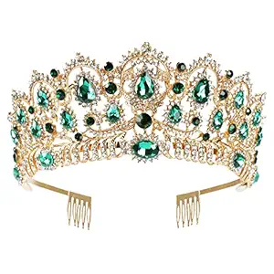 Baroque Crown Women Luxurious Crystal Rhinestone Bridal Tiara Princess Headpieces Girls Bridal Bride Tiara Princess Birthday Wedding Pageant Party with Combs (Gold-Green)