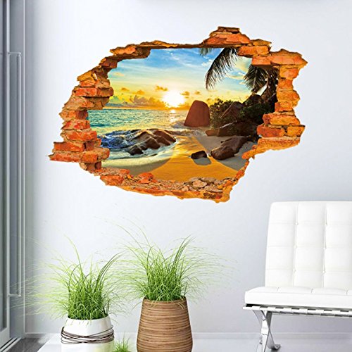 UNIQUEBELLA Wandsticker Sonnenstrand 3D Wandtattoo Wandaufkleber Fensterbilder Wall Art Sticker Decal - 7