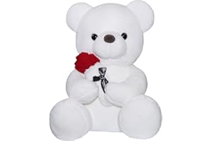 FAVOSTA Teddy Bear Ripieno Animale con Rosa, Bambino Orso Peluche Giocattolo, Regalo Per Bambini Ragazzi Ragazze (23cm, Bianco)