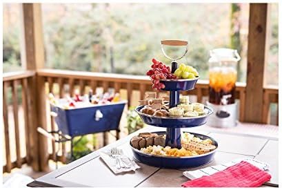 Enameled Galvanized 3 Tier Collapsible Server with Wood Handle &amp; Food Safe Steel (Blue) by GALVANIZED