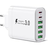 USB C Charger, 52W 6 Ports (2 USB C + 4 USB A) Fast Charging Block, USB Multiport Wall Plug for iPhone 17/16/15/14/13/12, Sam