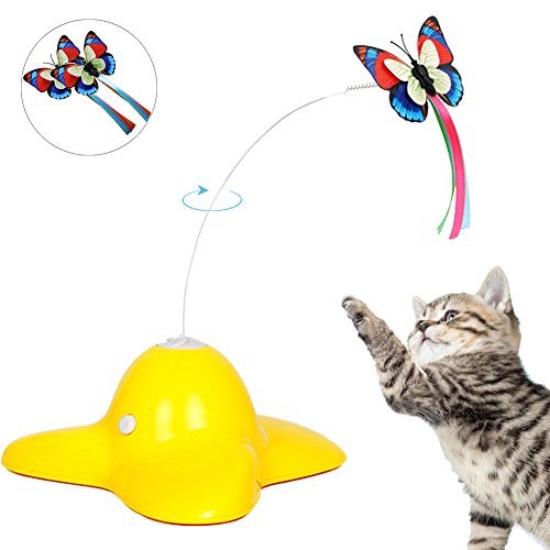 Bascolor - Mariposa giratoria eléctrica, Juguete para Gato, Dos Mariposas Intermitentes, Juguete Interactivo para Gato, Amarillo, Medium