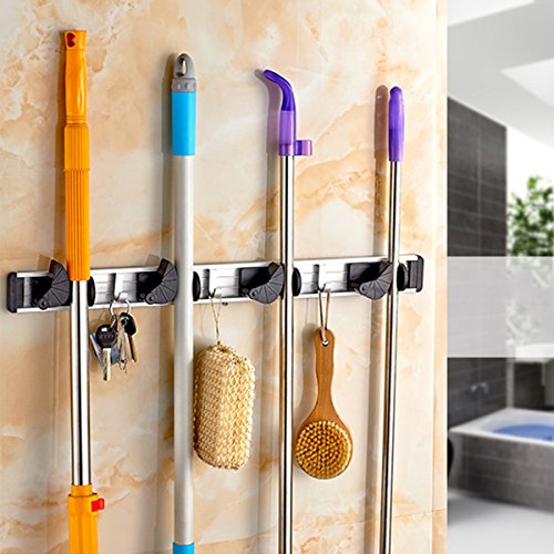 Aokayy Multifunktionaler Metall Besen und Mop Rack Wandhalter mit 4 Schlitzen und 5 Haken aus Platz Aluminium Hänge Haken für Badezimmer Küche Garten Garage Lagerung - 5