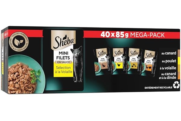 SHEBA Mini Filets - Sachets Fraîcheur en Sauce, Sélection à la Volaille pour Chat Adulte - 40x85g