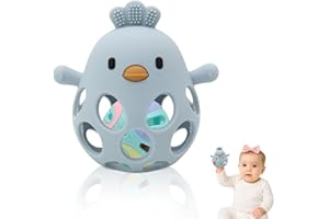 M MARIE MADELEINE EMPORIUM Pollito Sonajero y Mordedor para Bebés a partir de 0 meses, Juguete Montessori para Bebé, Sonajero de Silicona para Bebe 0-3 meses, Mordedores bebes, Regalo Bebe (Azul con Bolita)
