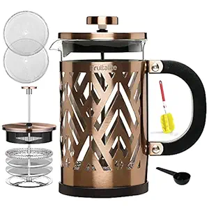 Fruitalite French Press Coffee Maker Machine 600 ML, 304 Grade Stainless Steel Body with 4-Level Filtration System, Heat Resistant Borosilicate Glass- 2 Mesh Filters, 1 Coffee Spoon & A Cleaning Brush- Copper