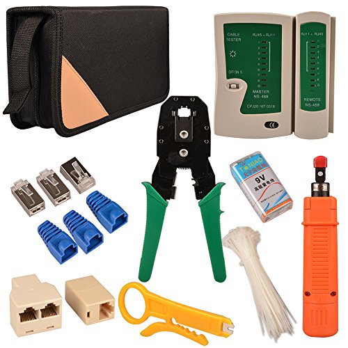 myarmor Professionelle 11 in 1 Netzwerk-Installation Wartung Reparatur Werkzeuge Set (Kabel Tester,-Crimper, 9 V Batterie, RJ-45 Kristall Stecker und Abdeckungen, Abisolierzange, Internet 2-Wege-Buchsen, Kabelbinder) mit Organizer Tasche