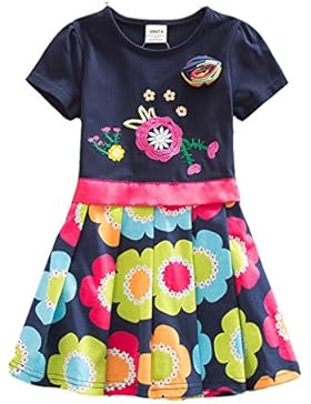 VIKITA Mädchen Sommer Blume Kurze Ärmel Baumwolle Freizeit Kleid