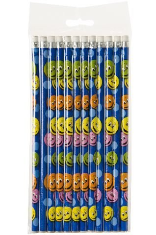 Partynelly® 24x Bleistift mit Radiergummi, Smiley, Lachgesicht, HB, Mitgebsel, Giveway, Geschenk, Schule