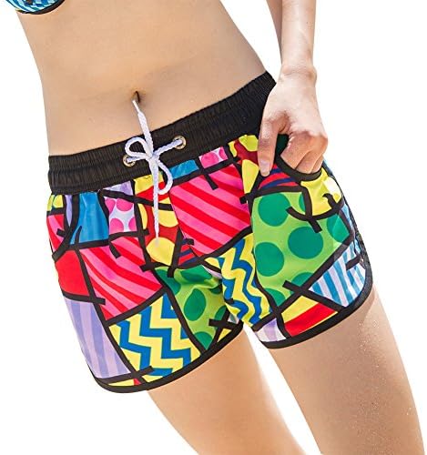 Uskincare Women's Quick Dry Board Shorts Printed Beach Swim Wear Surfing Holiday Casual Pants (XL Waist:66-73cm, 4-Colorful Block)