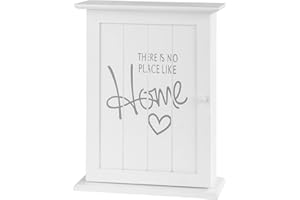 HOME4YOU Schlüsselkasten mit 6 Haken - Weiß - mit Beschriftung 'There is no Place Like Home' - Holz - Schlüsselbox Schlüsselschrank Schlüsselbrett