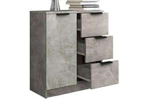 Shally Dogan Credenza in Legno Grigio con 1 Anta 3 Cassetti, Cassettiera Console Salvaspazio, Madia Multiuso Ideale per Ingresso, Soggiorno, Bagno, Ufficio, Maniglie Metallo, 60 x 30 x 70 cm (Cemento)