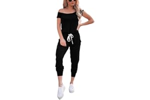 ORANDESIGNE Femmes Combinaison Manches Courtes Col Rond Couleur Unie Jumpsuit D'été Chic Slim Pantalon Taille Élastique Casual Combishort Avec cordon