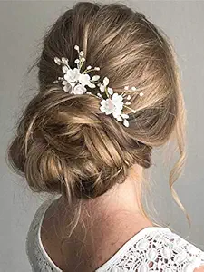 Fstrend Bridal Wedding Hair Pins Silver Sparkly Rhinestones Pearls Flower Hair Pin Bride Hairpieces Gorgeous Hair Accessories for Women and Girls(Pack of 2) (Gold)
