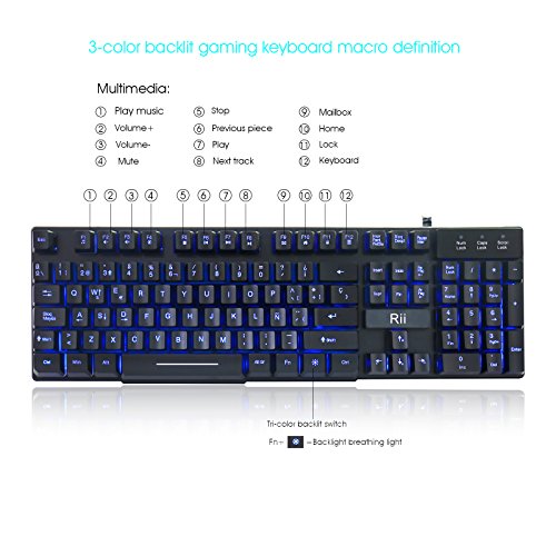 Rii RK100 Teclado para Juegos  Mec  nica Feel Gaming Keyboard  USB LED Retroiluminada con Conexi  n de Cable del Juego Teclado Negro  layout Espa  ol 