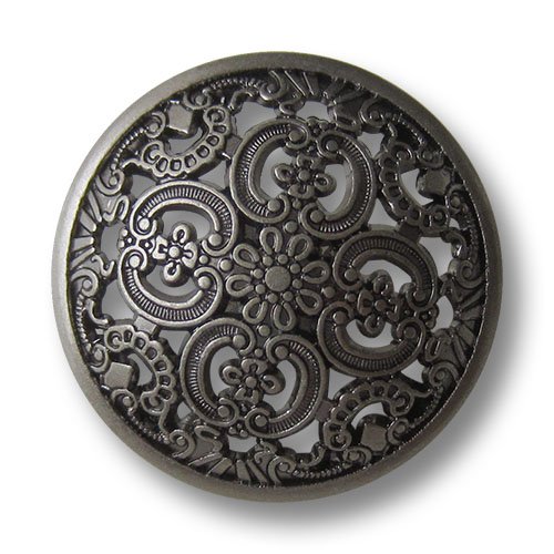 Knopfparadies - 6er Set traumhaft schöne leicht gewölbte altsilberfb. Metall Ösen Knöpfe mit Durchbruch Muster / altsilberfarben, geschwärzt / Metallknöpfe / Ø ca. 23mm