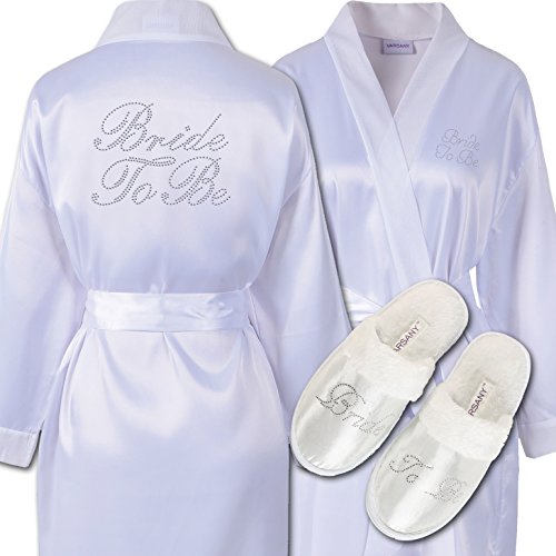 Strass "Bride To Be", Satin-Bademantel, Wellness & Slipper Junggesellinnenabschied, personalisierbar, Geschenk-set weiß