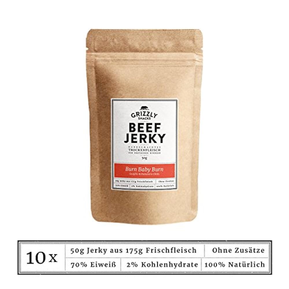 Beef Jerky • Aus Deutschland • Trockenfleisch vom Rind im Set • Burn Baby Burn • >70% Eiweiß (10 x 50g = 500 Gramm)
