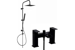 ENKI, Plaza, BBT0160, Matt Black Square Waterfall Bath Shower Mixer Tap with Rigid Riser Shower Rail Kit