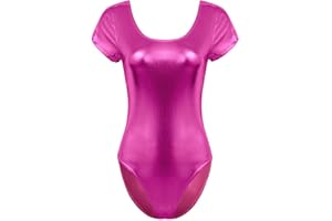 iEFiEL Damen Metallic Body Lackleder Bodysuit Catsuit Wetlook Jumpsuit Langarm/Kurzarm Turnanzug Ballettbody Trikotanzug Tanzkostüm