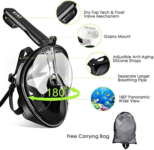Snorkel Mask, 180°Seaview GoPro Compatible Panoramic Anti-Fog &amp; Anti-Leak Technology Full Face Snorkeling Mask Easy to Breathe with Larger Capacity Breather Pipe for Kids &amp; Adults