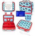 kinsho Bento Lunch Box with Thermos Set for Kids, 4 Compartment Bento-Box, Insulated Lunch Bag, Stainless Steel Food Jar, Baby Blue Shark
