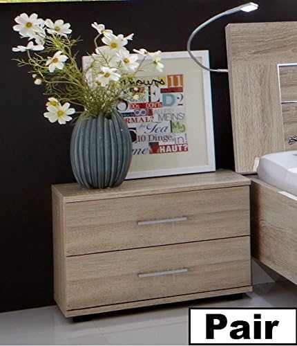 Germanica™ DIRANO Set of 2 Bedside 2-Drawer Cabinets in LIGHT OAK Colour With Chrome Detailing