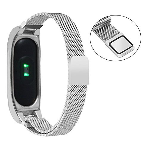 Pinhen MI Band 2 Banda de Silicona Metal Mesh Repuesto Correa de Recambio Brazalete Extensibles Surtido de Colores para Xiaomi Mi Band 2 Wireless Pulsera  Milanese Silver 