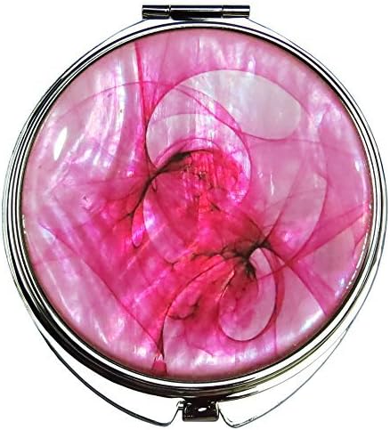 Handheld Makeup Mirror Mother of Pearl Metal Dual Compact Folding Magnify Rose Pink Fractal