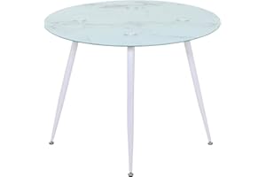 MOG CASA Mesa de Comedor Fija Redonda Corin | 100 x 100 x 75 cm | Ideal para Cocina o Salón | Ideal para 3 a 4 Personas | Tablero con Efecto Mármol Blanco | Patas de Metal en Blanco