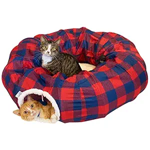 Kitty City Large Plaid Cat Tunnel Bed, Cat Toy - for Cat and Kitten, Red (CM-10094-CS01)