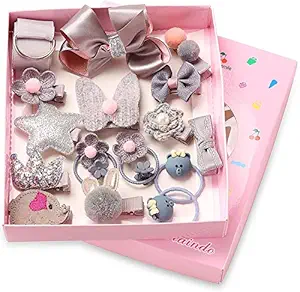 KolorFish Baby Girls Hair Clips Cute Bows Elastic Hair Ties Accessories Ponytail Hairpins Set For Baby Girls Teens Toddlers, 18 pieces Pack, Grey