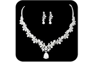 Ushiny Silver Bridal Jewellery Set Sparkly Rhinestone Necklace and Earring Set Flower Rhinestone Dangle Drop Earrings Necklace Jewellery Set for Women and Girls