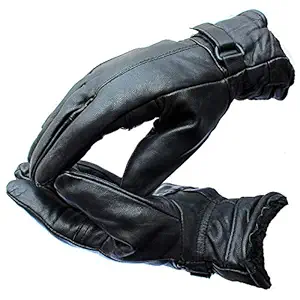 THAAM Black Leather Gloves for Men and Women Winter Gloves with Fur Inside for Men Protective Warm Hand Gloves for Motorcycle/Cycling Gym Sports Free Size (Black)