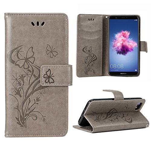 OFUÂ® Custodia in Pelle Originale per Huawei P Smart,Cover in Pelle Huawei P Smart,Vintage Portafoglio Pieghevole,[Slot per Schede] [Chiusura Magnetica] [Funzione Stand] Flip Cover Per Huawei P Smart(grigio)