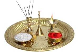 DEVKI Pooja Thali Brass Puja Plate Hindu Om Aarti Tika Thali Ladoo Gopal Bhog Thali Pooja Item Home Hindu Temple Decorative Ornaments Round Engraved Plate Religious Gift