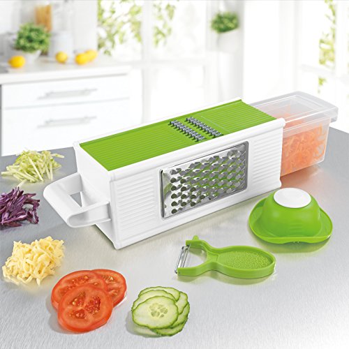 Vierkantreibe - Hochwertige Würfelreibe mit praktischer Auffangschale + Sparschäler und Schutzgriff ( 4 Seiten mit unterschiedlichen Klingen & Hobel )