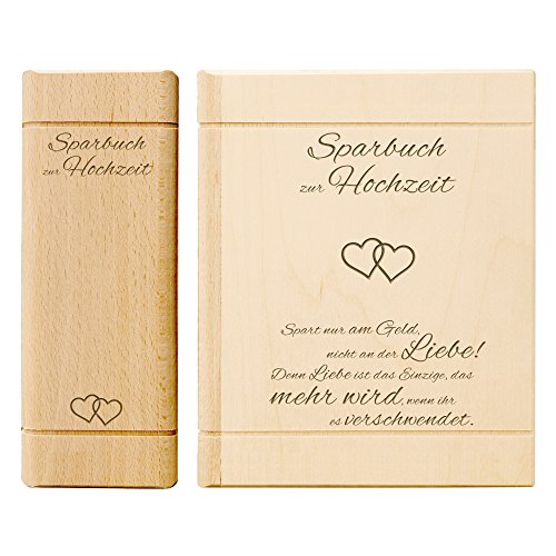 Spardose Buch aus Holz mit Gravur zur Hochzeit - Liebesgedicht - Motiv Herzen - Sparbuch als originelles Hochzeitsgeschenk - Geldgeschenk-Sparbüchse aus Ahornholz - 13,5 x 16,5 x 6,5 cm