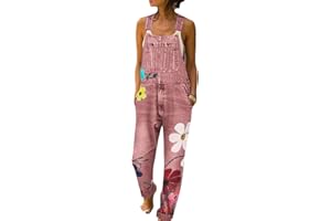 HANMAX Damen Denim Jeans Latzhose Langer Overall Blumen Jeansoptik Klasse Vintage Jeans Lang Lässig Baggy Boyfriend Stylisch Jumpsuit Hüftjeans