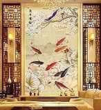 3D Dreidimensionale Neun Fisch Lotus Tv Hintergrund Wand Dekorative Malerei, 350Cm X 245Cm