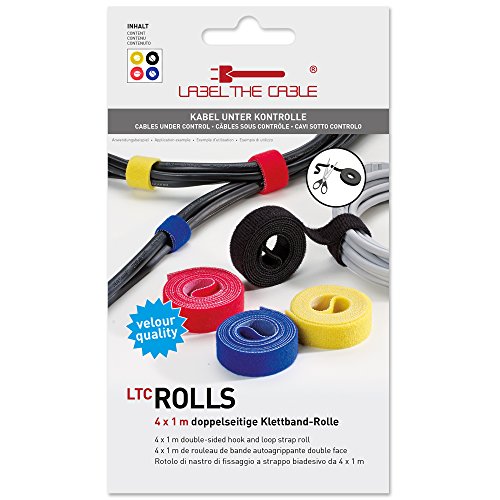 Label-the-cable Klettbandrollen doppelseitig (Haken & Flausch), Klettkabelbinder zuschneidbar, Velours-Qualität, geeignet als Kabelbinder, Klettband/ LTC Roll mx, 4 Stück, 1 m x 16 mm, Bunt, LTC 1230