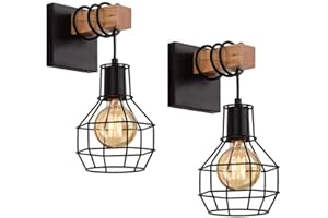 ALETO 2X E27 Vintage Wall Light Wooden Wall Lamp Industrial Black Diamond Cage Wall Sconces Indoor Lighting