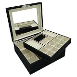 4Queens XXL Flaches Design Schmuckkasten Schmuckkästchen Schmuckbox Schmuckkoffer Schmuck Aufbewahrung Schmuckschatulle Jewelry Box Bijou Box Jewelry Case abschließbar mit großem Spiegel LxBxH: 28*26*11cm (Schwarz/Beige)