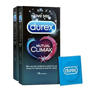 Durex Mutual Climax Condoms for Men & Women - 10 Count (Pack of 2) | Extra Dotted and Ribbed for Pleasure | Performa Lubricant for Long Lasting Climax Delay | Suitable for use with lubes & toys