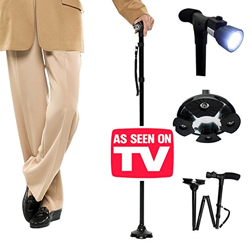 Ultimate Magic Cane - El Unico con apoyo en 4 puntos - Bastón Práctico y Plegable - Altura Ajustable y Luz Led