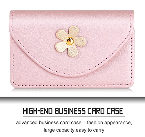 Business Card Holder, Business Card Case, Fyy 100% Handmade Premium PU Leather [Delicate Flower Design] Business Name Card Case Universal Card Holder with Magnetic Closure (Hold 30 pics of cards) Flower & Rose Gold