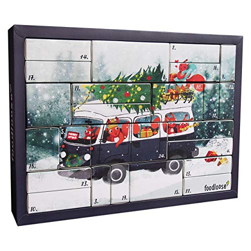 Preisvergleich Produktbild foodloose Adventskalender 2018 bio + vegan / enthält Riegel, Snacks und weitere Überraschungen / praktisches 2-in-1 Motiv: Weihnachts-Bus und Merry Christmas